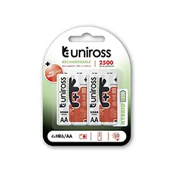 Pack 4 x Pile Rechargeable AA UNIROSS 2500mAh HYBRIO pre-charged UH4AA2500