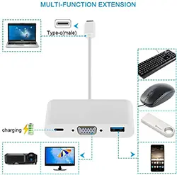 Adaptateur Convertisseur 3 en 1 USB-C Type-C Vers to VGA + USB 3.0 + Type-C PD 1080P 60Hz