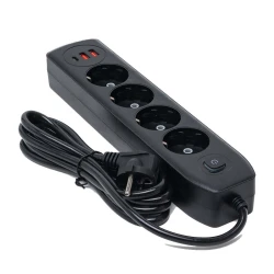 Multiprise Rallonge 4 Ports Prise AC 2500W + Chargeur AUTO-ID 2.1A 2 x USB + USB-C 2m Q603 - Noir