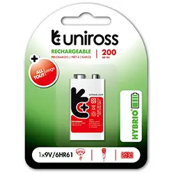 Pile Rechargeable UNIROSS 9V PP3 200mAh HYBRIO pre-charged UH19V200