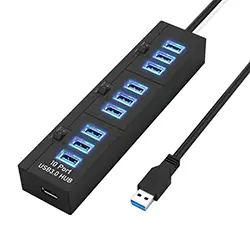 HUB Répartiteur USB 3.0 10 ports avec interrupteurs pour PC Linux MacOS 1m