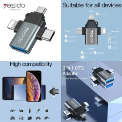 YESIDO GS15 Adaptateur OTG 3 en 1 USB-C Micro-USB Lightning IP Iphone
