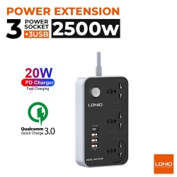 Multiprise rallonge universelle LDNIO SC3412 3 USB QC3.0 + 1 Type-C PD 20W + 3 Prise 2500W 2m