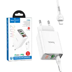 Chargeur Type-c PD 20W + USB QC3.0 18W HOCO C100A avec afficheur LED Puissance + Cable Type-c Vers Lightning 1m